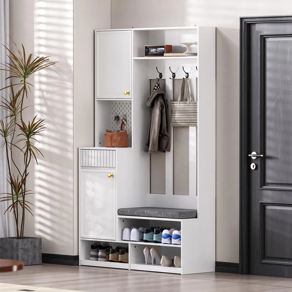 Meuble d'Entrée avec Banc et 4 Crochets - Armoire de Rangement Blanche