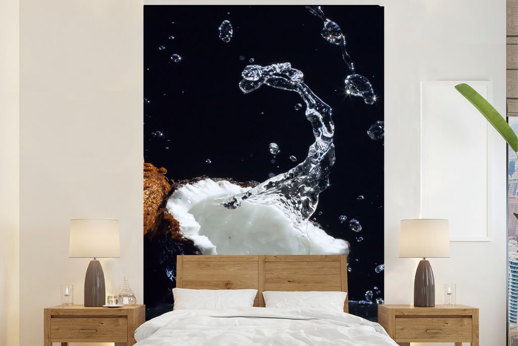 MuchoWow Fototapete für Wohnzimmer oder Schlafzimmer Wandtapete Vinyl Motivtapete Kokosnuss - Stillleben - Wasser - Schwarz - Frucht - 160x240 c...