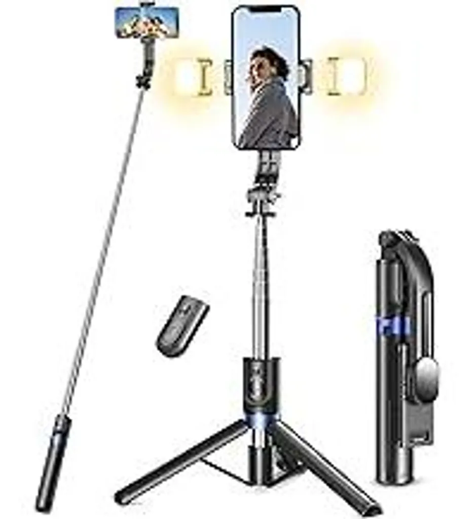 Selfie stick con treppiede e telecomando, 2 luci di riempimento Treppiede per cellulari per smartphone, supporto per cellulari Compatibile con iPhone, Android per selfie, video, live streaming