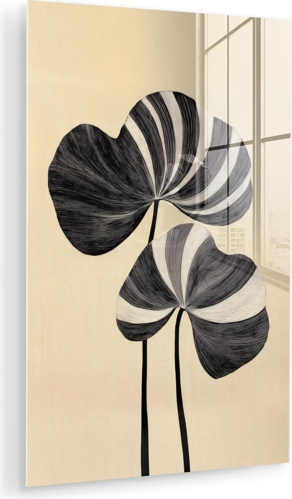 MuchoWow Glasbilder - Bilder auf Wandbild - Foto auf Glas Schwarz - Blätter - Streifen - Minimalistisch 40x60 cm Wanddekoration aus Glas - Acrylgl...