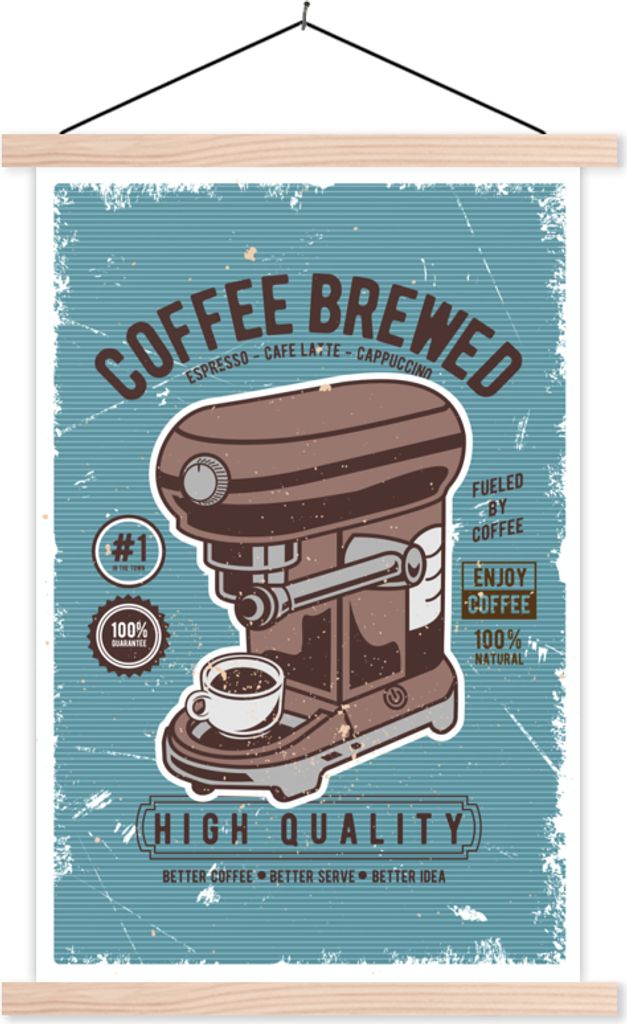 MuchoWow Textilposter Kaffeemaschine - Kaffee - Retro - Zeichnung 60x90 cm mit holzfarbenen Rahmen - Textil