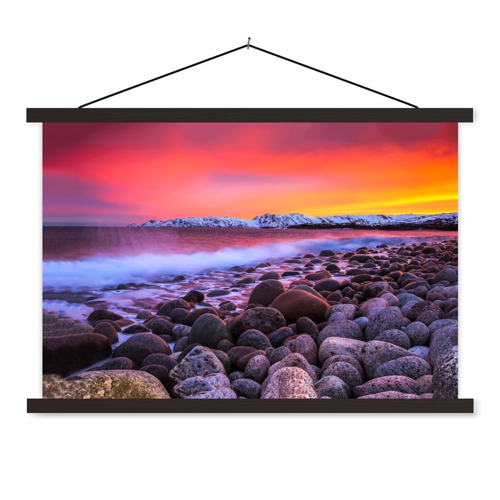 MuchoWow Textilposter Sonne - Steine - Schnee - Landschaft - Wasser 120x80 cm mit schwarzem Rahmen - Wanddeko