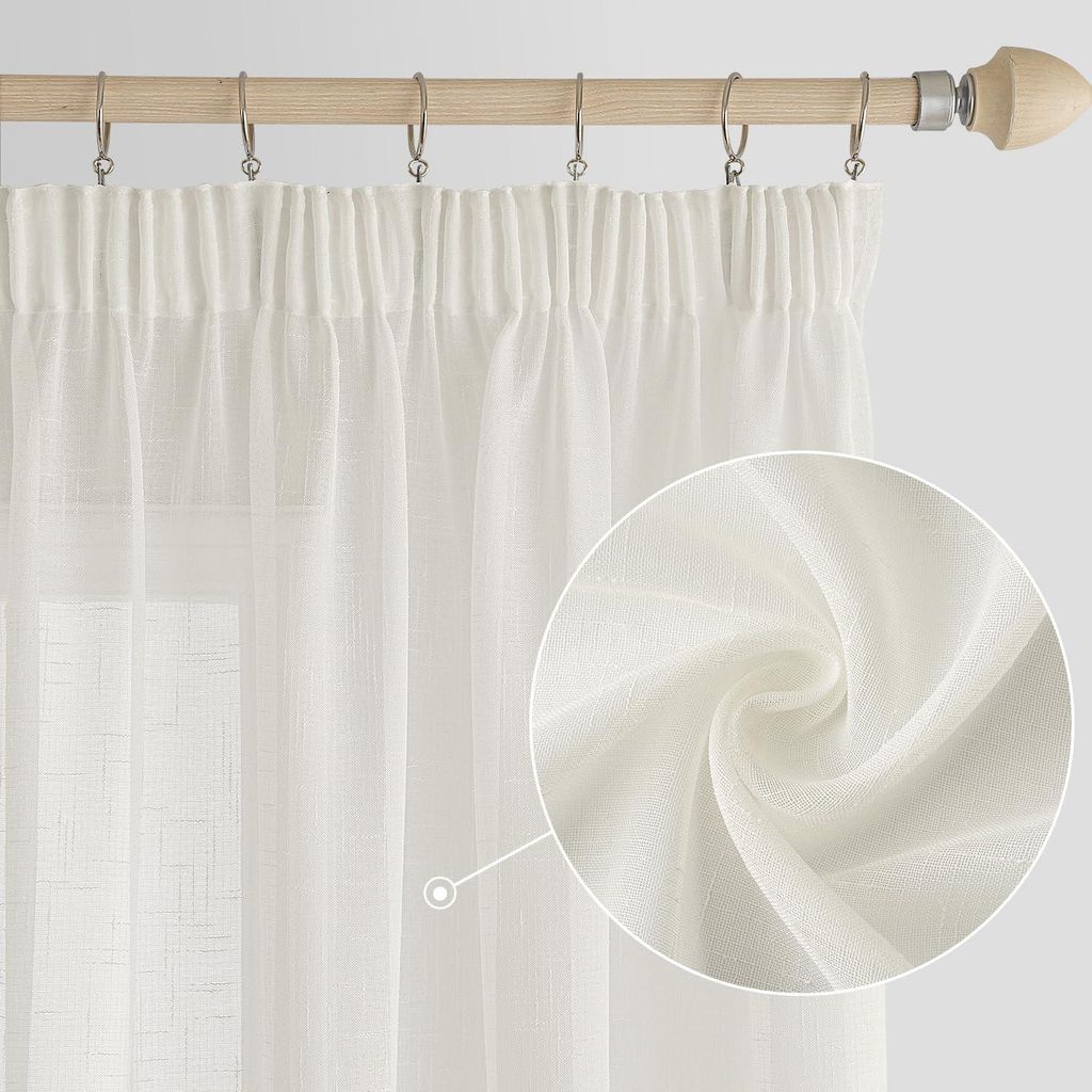 Voile-Vorhänge mit Faltenband, transparente Leinenoptik, Set von 2, 140 x 300 cm (b x h), ivoorweiß, für Wohnzimmer Schlafzimmer