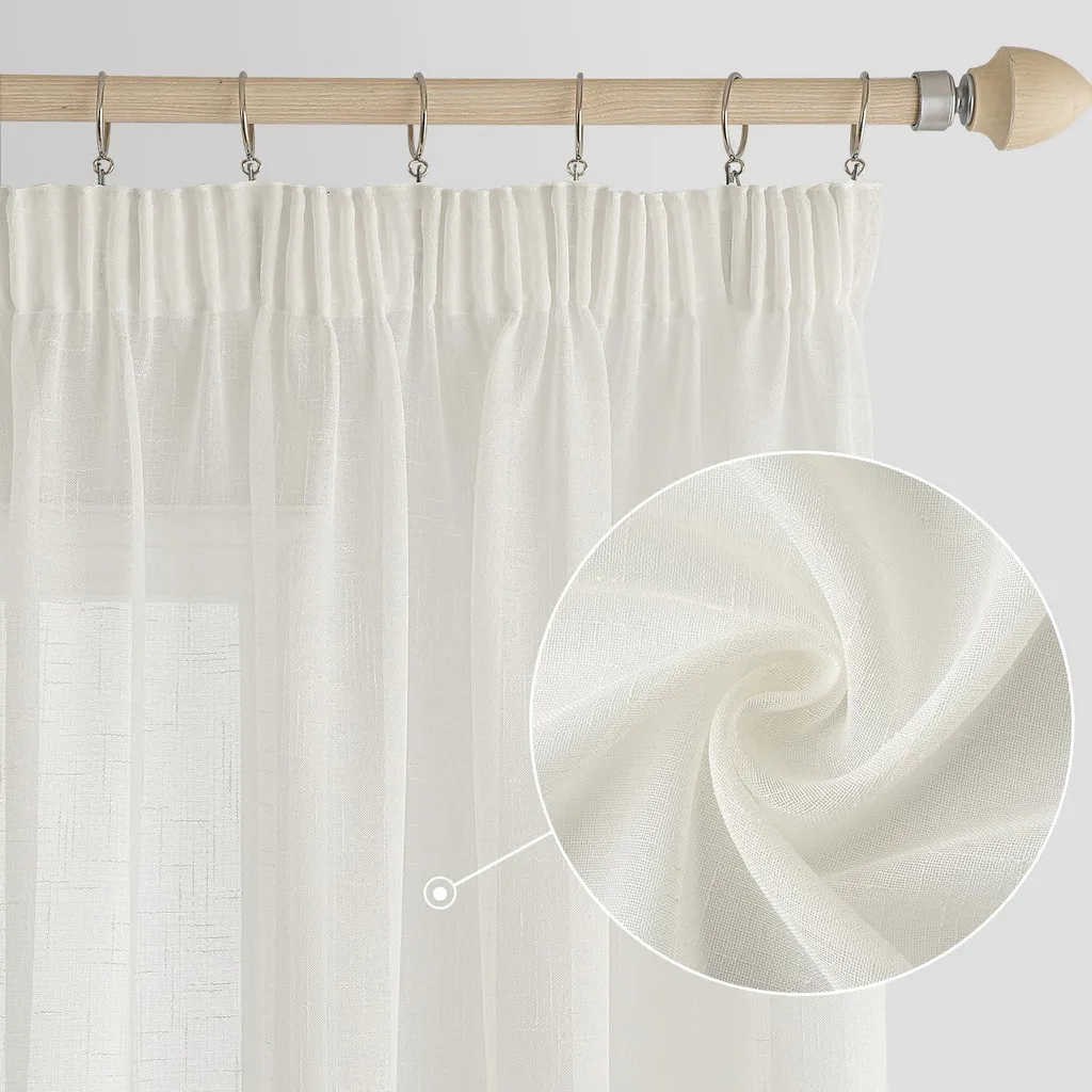 Rideaux voilés aspect lin blanc ivoire - Lot de 2 de 140x300 cm à plis