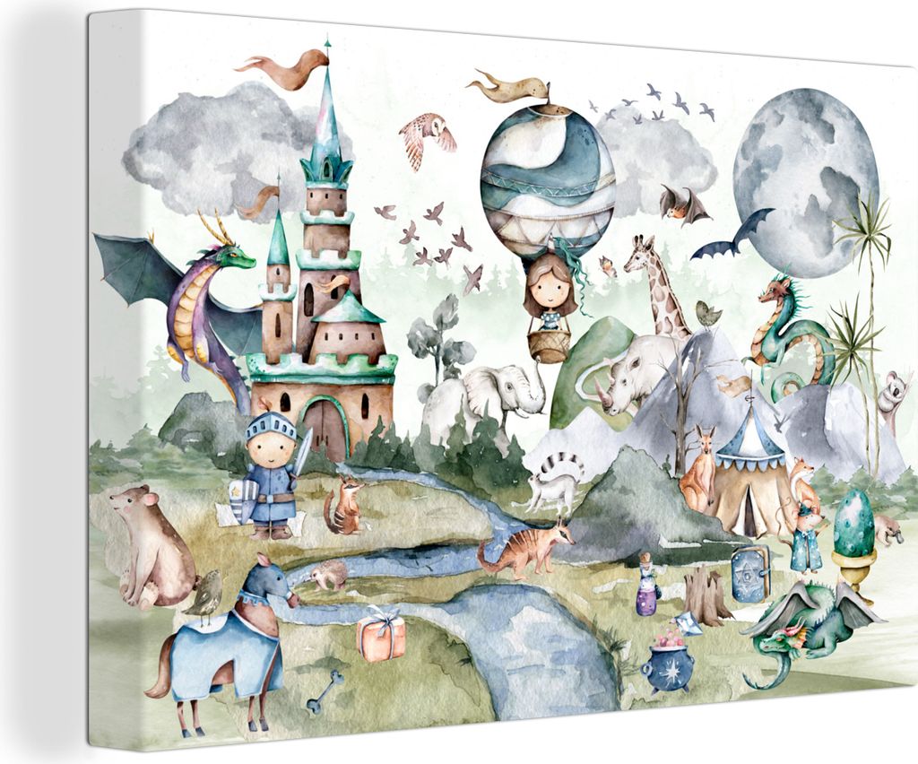 OneMillionCanvasses - Leinwandbilder - 140x90 cm, Kinder - Heißluftballon - Drache - Jungen - Burg - Aquarell, Wandbilder Kunstdruck Wanddekorat...