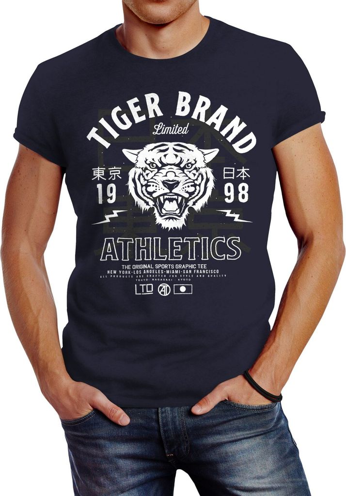 Herren T-Shirt Tiger Brand Tokyo Supply Japan Athletics Sport Aufdruck Slim Fit Neverless navy-weiß XS