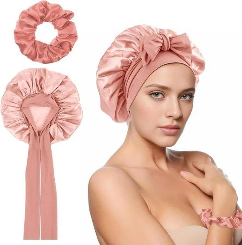 Charlotte de nuit en satin rose extensible pour protéger les cheveux