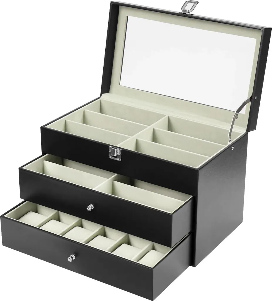 Boîte de rangement 24 compartiments pour montres et lunettes noir mat