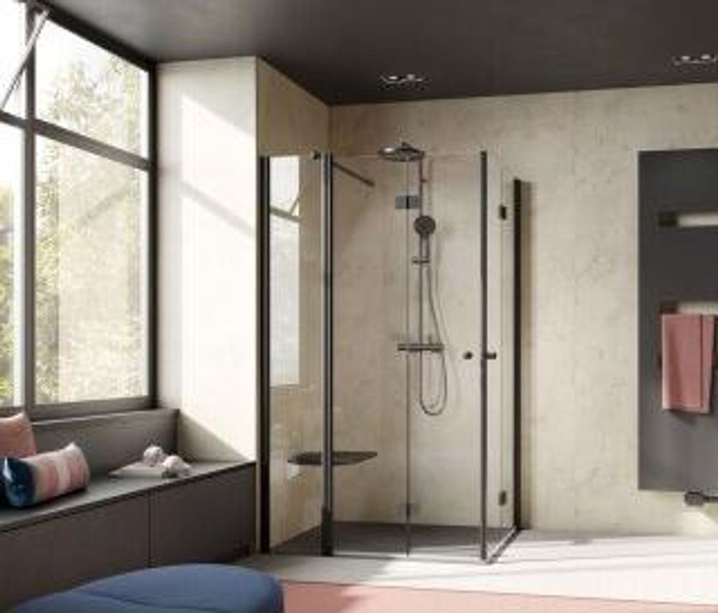 HSK 4827027-68-520 Exklusiv 2.0 Drehfalttür Eckeinstieg Pendelbar mit Festelement 1400x900x2000mm Schwarz-Matt Grau mit Edelglas-Beschichtung