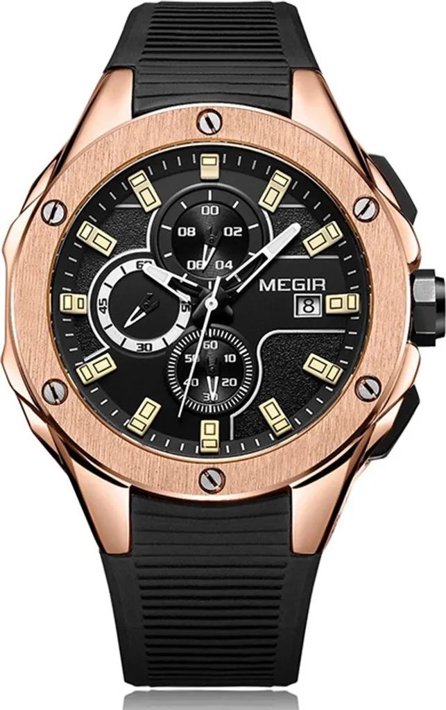 Orologio da uomo in stile business multifunzione con cronometraggio in gel di silice cinturino sportivo al quarzo rosa finitura nera
