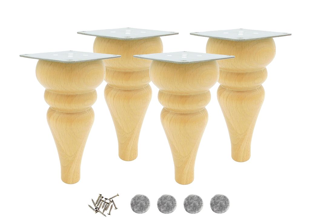 4x Möbelfuß Holz 18 cm – Tulpenform, roh aus Buche, inkl. Befestigungsset