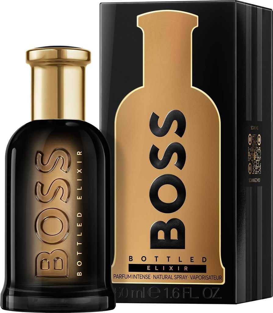A bottle of Hugo Boss Bottled Elixir perfume and its packaging are displayed against a black background.