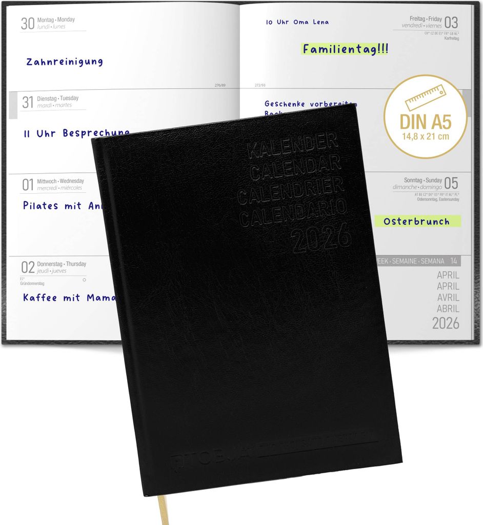 PlanWise Buchkalender 2026 A5 – Terminplaner mit 1 Woche auf 2 Seiten – Flex-Hardcover Kalender DIN A5 in Lederoptik – Jahresübersicht & Fer...
