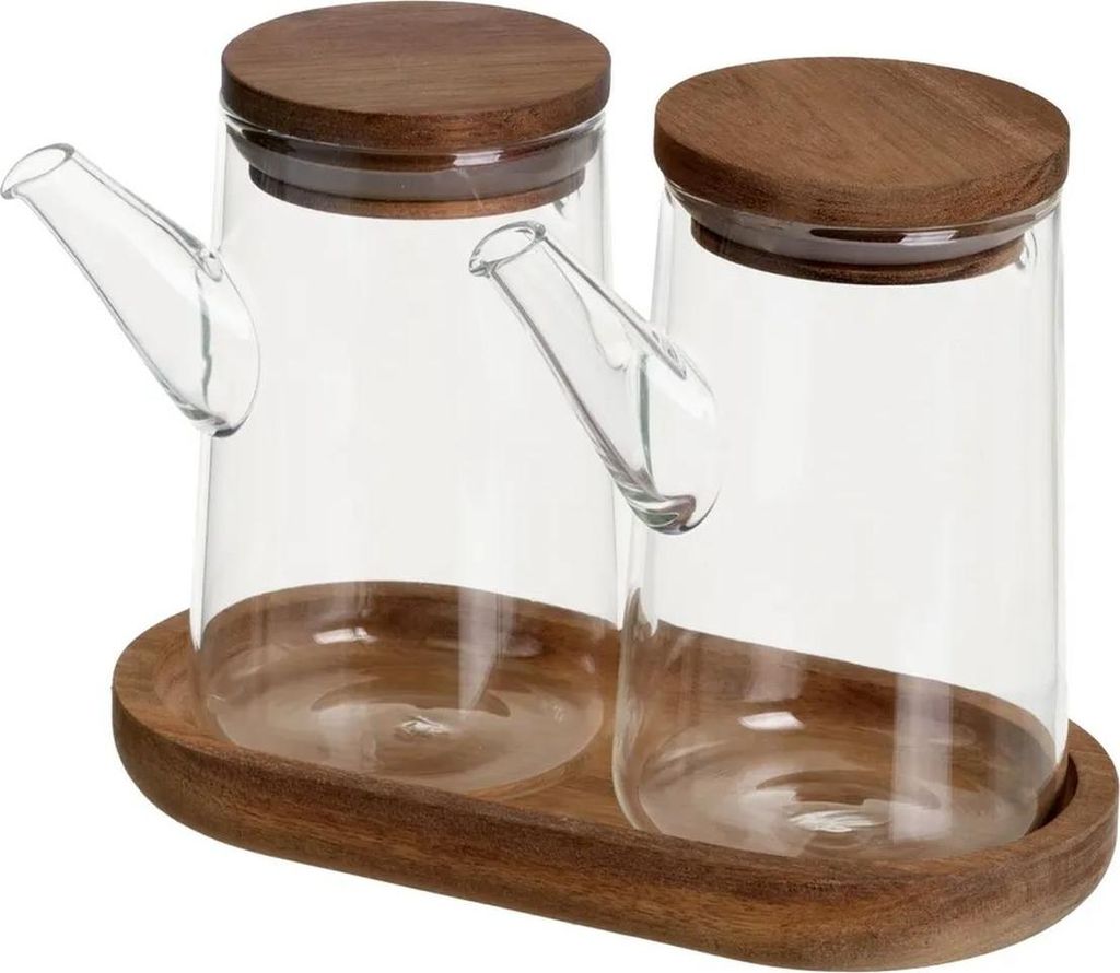 HowHomely | Glasflasche - 2er Set - Ölspender - Für Öl Und Essig - aus Glas und Holz