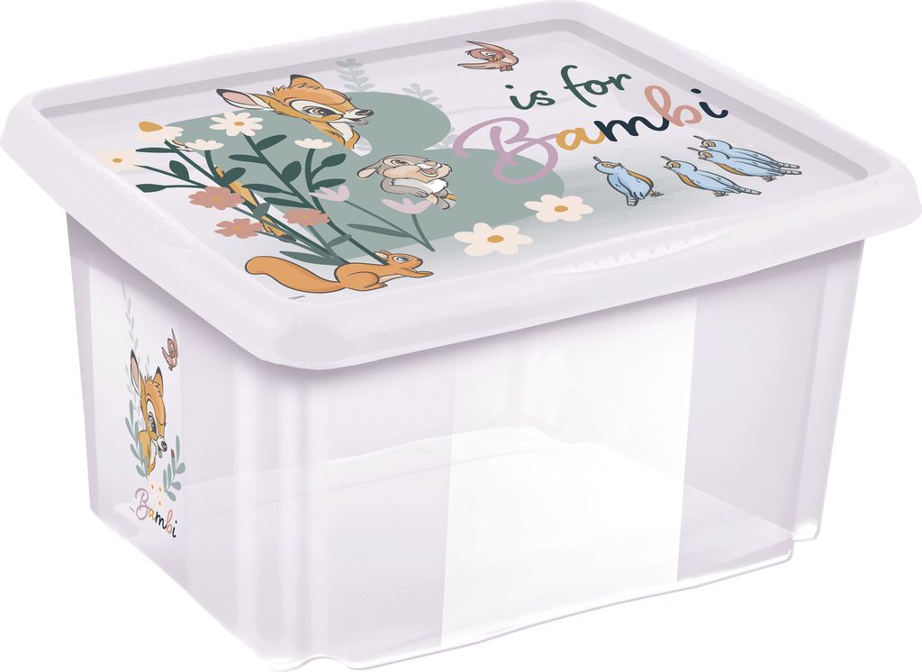 A clear, well-lit studio shot of a transparent plastic storage box with a lid featuring a colorful Bambi-themed design.