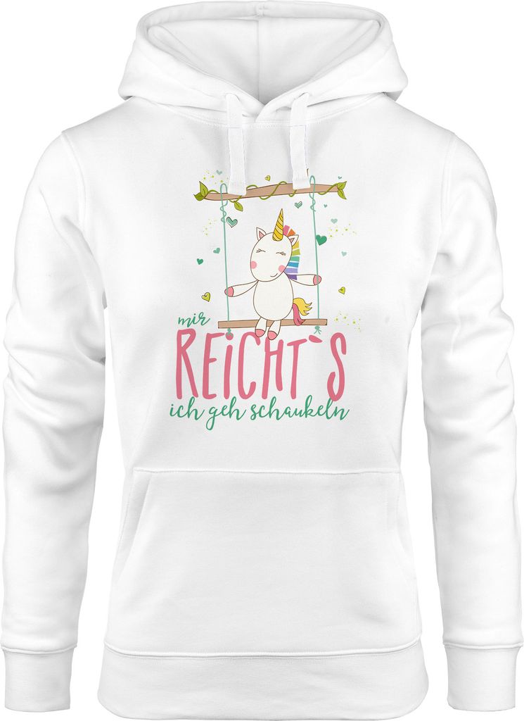 Damen Kapuzen-Pullover Hoodie Einhorn auf Schaukel Mir reicht`s ich geh schaukeln Spruch Moonworks weiß-pink XS