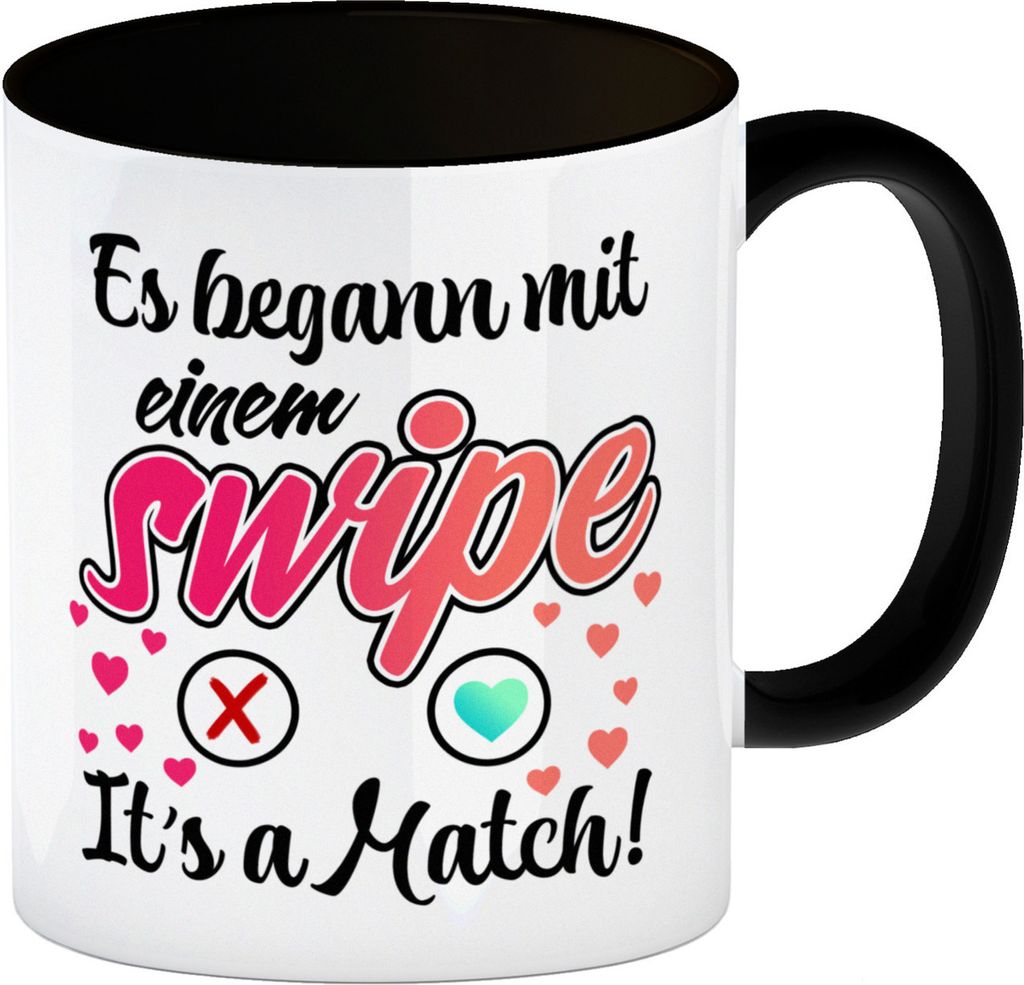 Es begann mit einem swipe Kaffeebecher in schwarz mit Spruch It's a Match