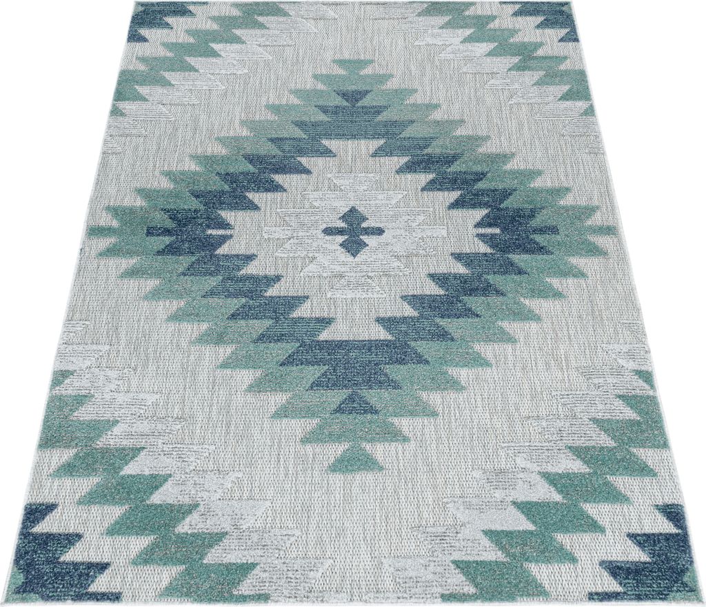 Outdoor Teppich Wetterfest 140x200 Rechteck Blau für Camping Garten oder innen Geometrisches Design aus Polypropylen