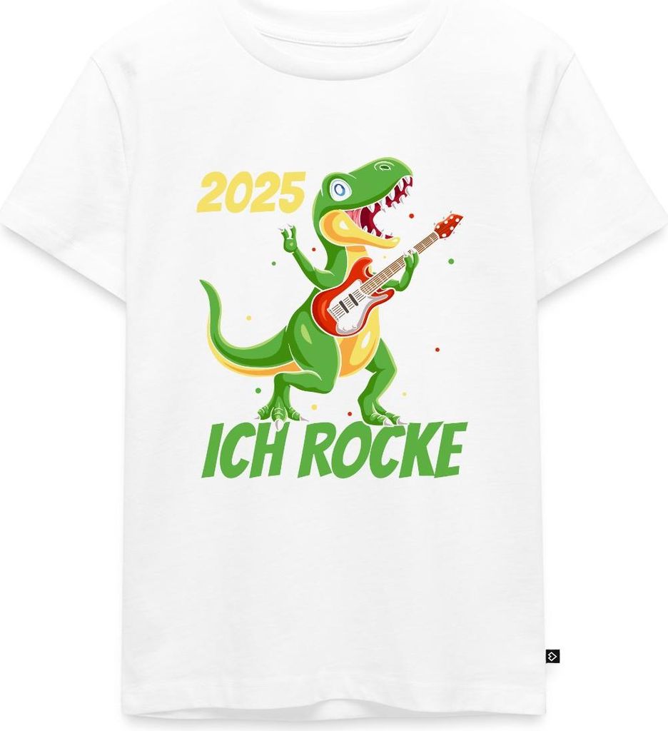 Spreadshirt Schulanfang 2025 Dino Rockt Die Schule Kinder Premium T-Shirt, 122/128 (6 Jahre), Weiß