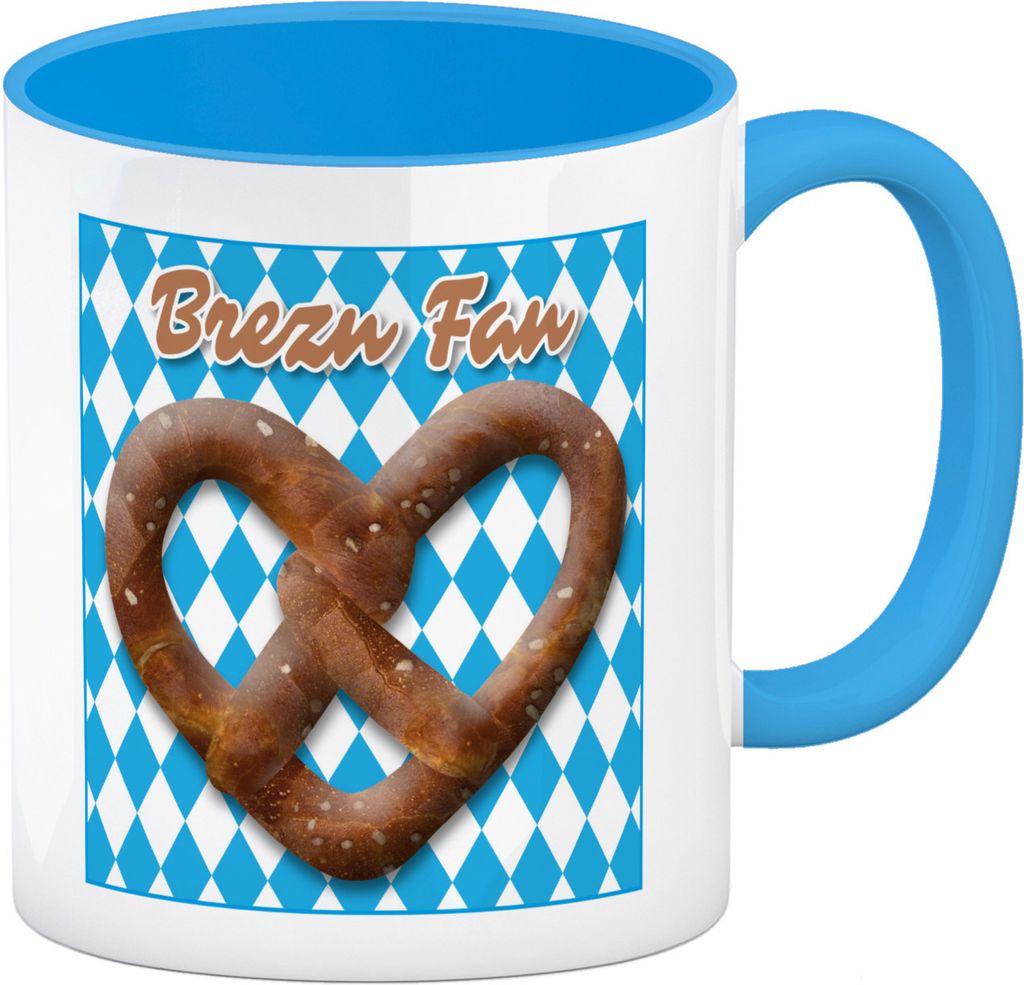 Brezelherz Bayernflagge Kaffeebecher in hellblau mit Spruch Brezn Fan