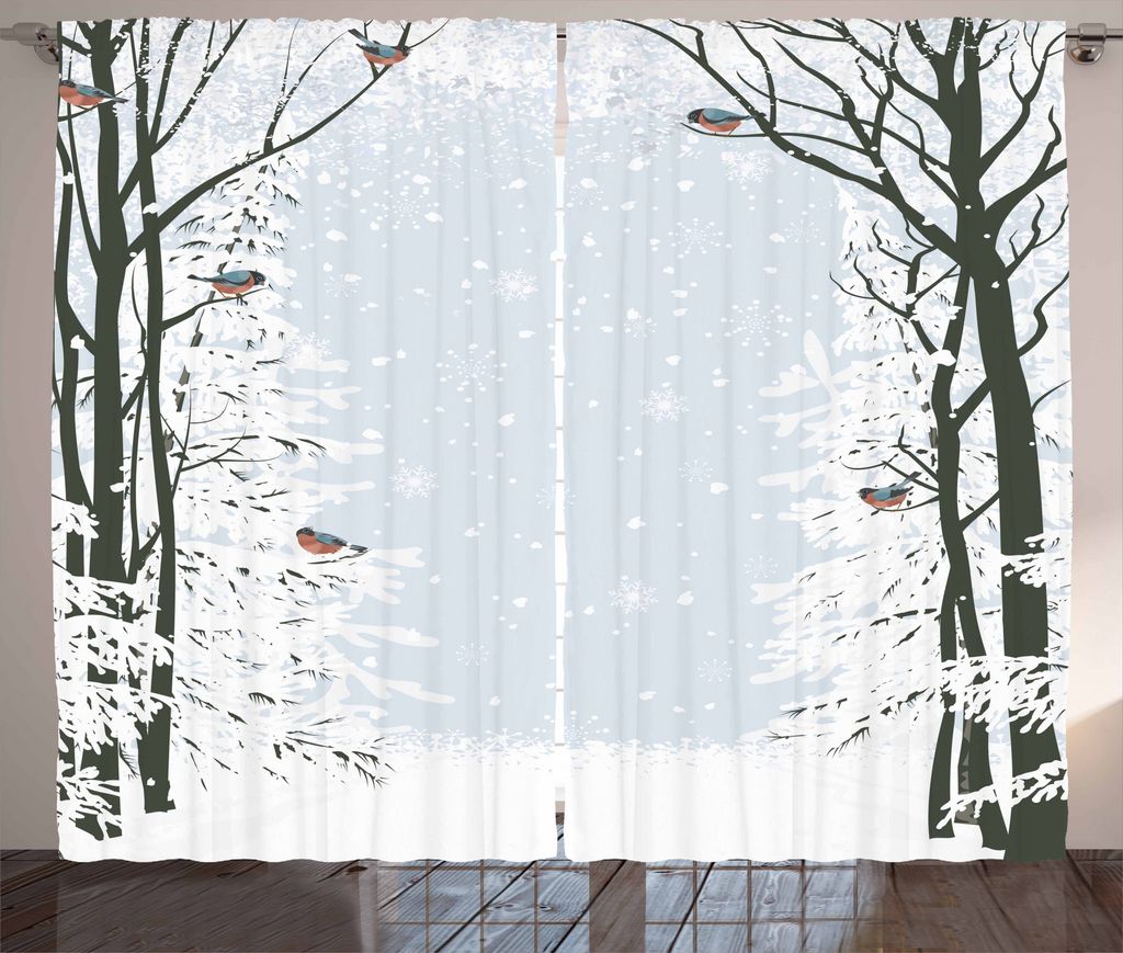 ABAKUHAUS Winter Rustikaler Gardine, Bäume Gimpel Vögel, Schlafzimmer Kräuselband Vorhang mit Schlaufen und Haken, 280 x 225 cm, Hellgrau Weiß ...