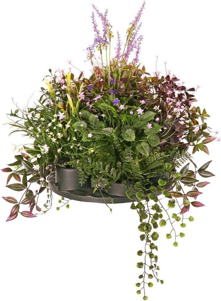 artplants.de Künstliches Blumengesteck Lavendel Fleißiges Lieschen DANFIR, Minze, Klee, Farn, weiß-lila-grün, 50cm, Ø32cm - Kunstblumen Gesteck