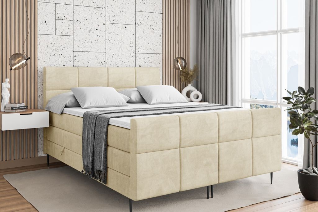 ALTDECOR Boxspringbett mit Schwarz Füßen, Matratze und Lattenrost, Topper, Fußteil, Polsterbett mit Bettkasten, Bett mit Stauraum H3- und H4- Ma...