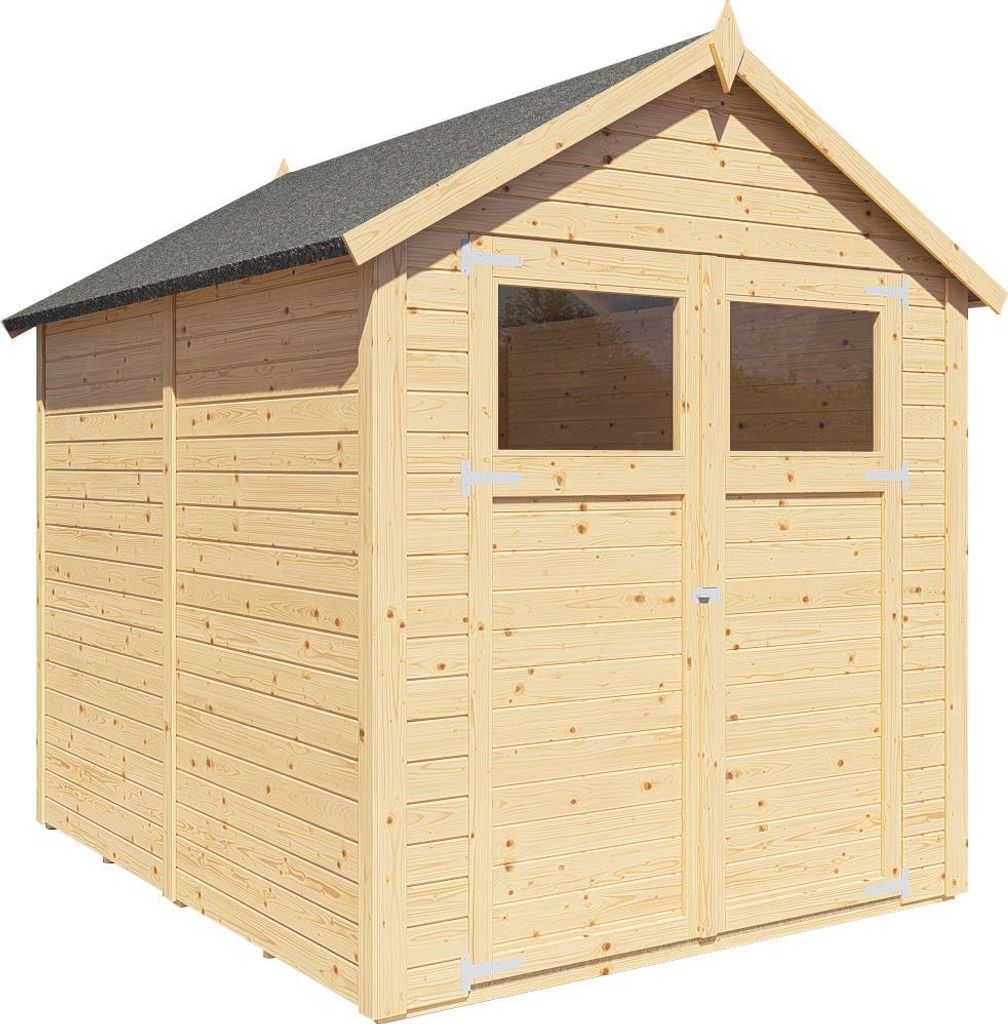 WOODTEX Naturbelassen 180 x 238 cm Gartenhaus Sylta 3, 14 mm Wandstärke Fichtenholz, Satteldach Mit Doppeltür Und Fußboden, Elementbauweise, Ger...