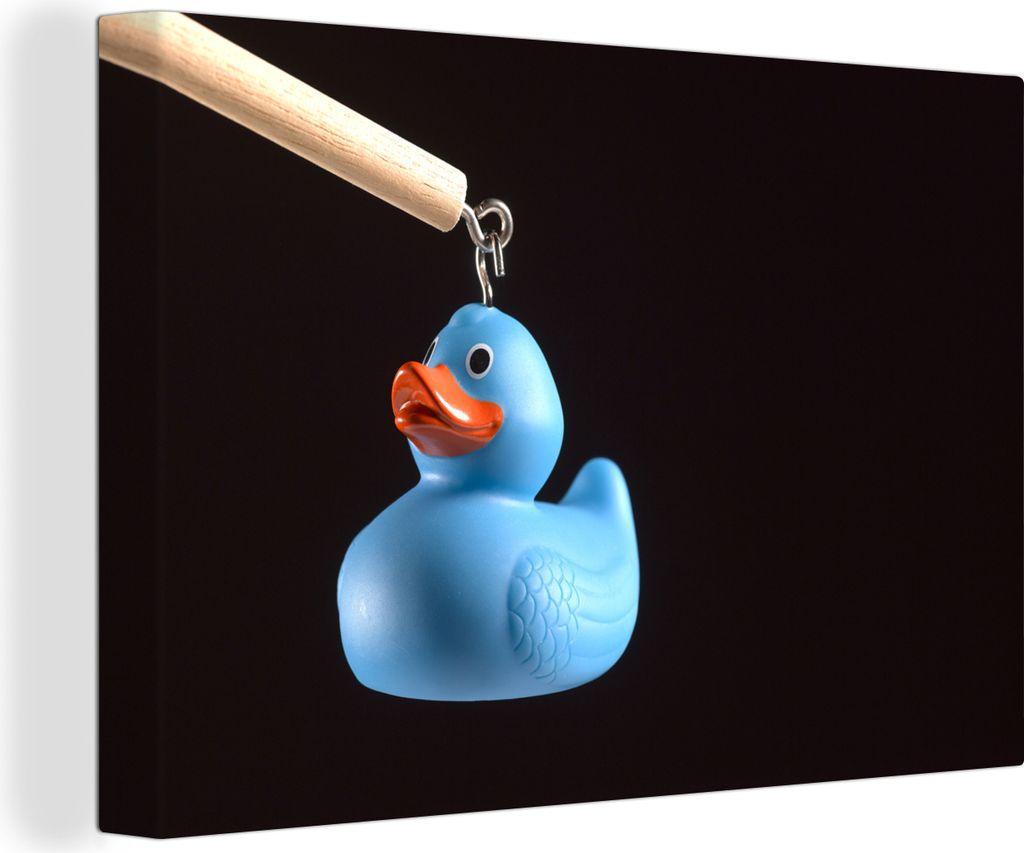 OneMillionCanvasses - Leinwandbilder - 140x90 cm, Blaue Bade-Ente auf schwarzem Hintergrund, Wandbilder Kunstdruck Wanddekoration