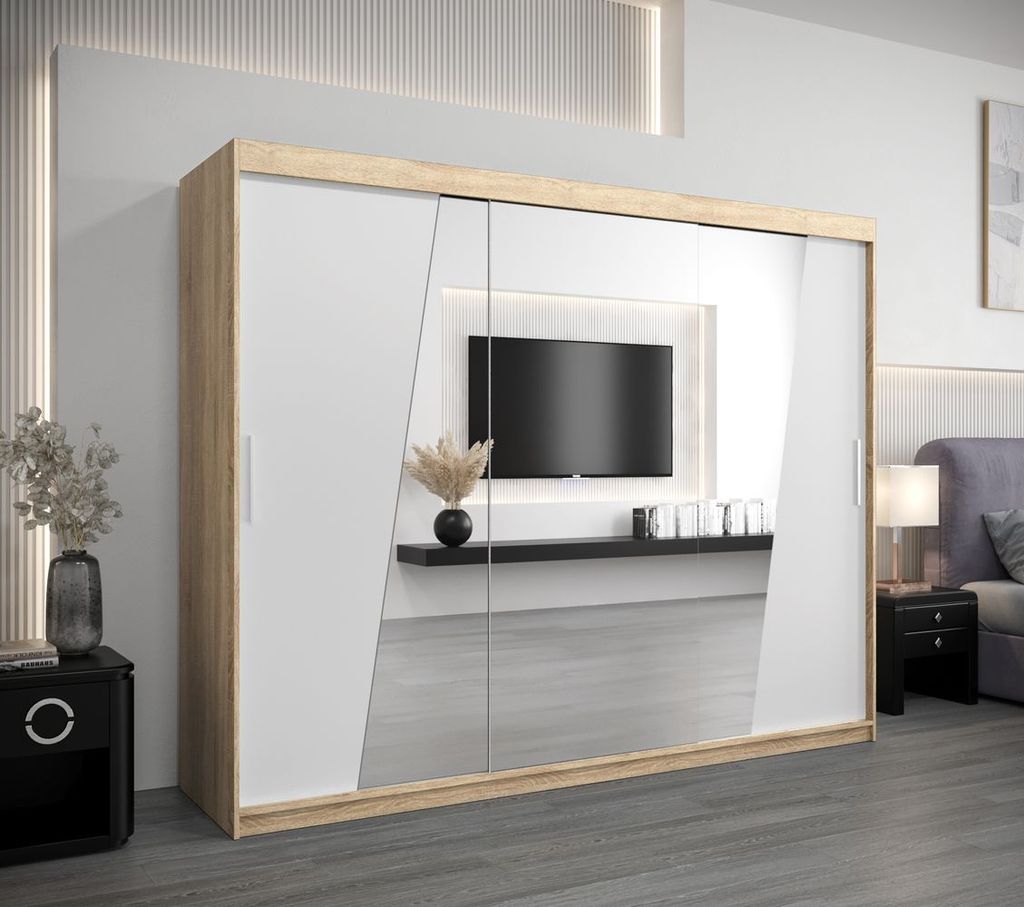 Schwebetürenschrank GABRIELA – Breite 250 cm, Eiche Sonoma / Weiß