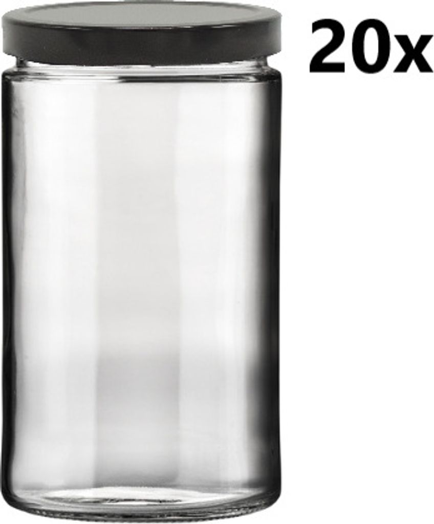 A clear glass jar with a black lid is shown against a white background, with the text "20x" in the upper right corner.