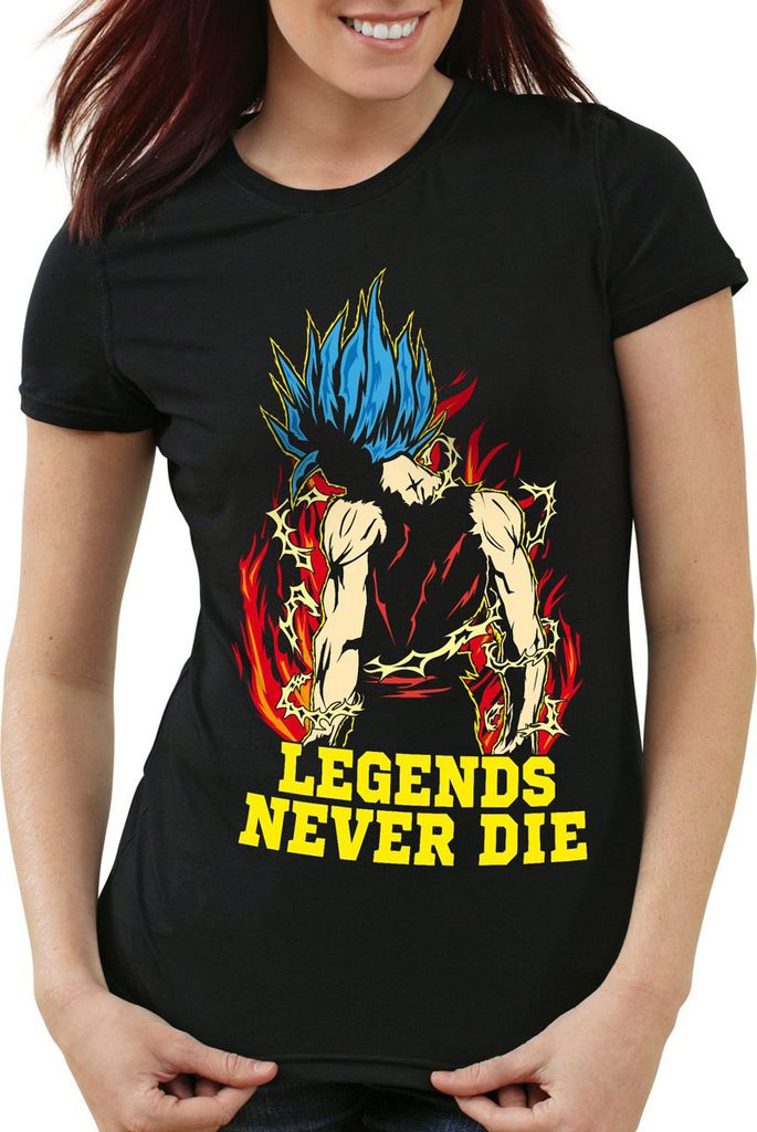 Legends Never Die - Goku Blue God Modus Damen T-Shirt, Farbe:Schwarz, Größe:XL