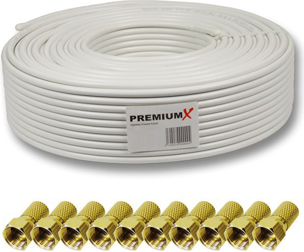 PremiumX PROFI PRO Koaxial Kabel 135 dB 5-Fach geschirmt, reines Kupfer 50 Meter SAT Antennenkabel 50m 135dB + 10 F-Stecker 8,0mm in Farbe "GOLD" G...