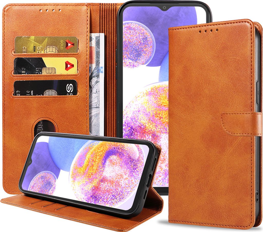 Geschikt voor Samsung Galaxy A23 Telefoonhoesje Kunstleer met Magnetisch lipje en Pasjeshouder Book Case met Klepje - Bruin - Smartphonica