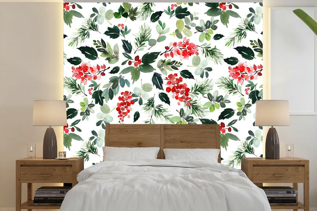 MuchoWow Fototapete für Wohnzimmer oder Schlafzimmer Wandtapete Vinyl Motivtapete Aquarell - Beeren - Rot - 240x240 cm - Schlafzimmer-Tapete