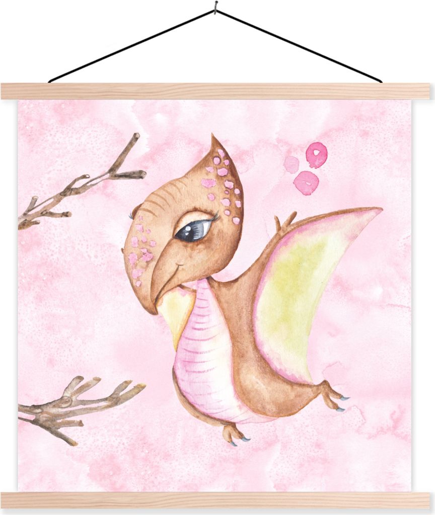 MuchoWow Textilposter Dino - Flügel - Kinderzimmer - Mädchen - Kinder - Rosa - Kinder 40x40 cm mit holzfarbenen Rahmen - Posterleiste