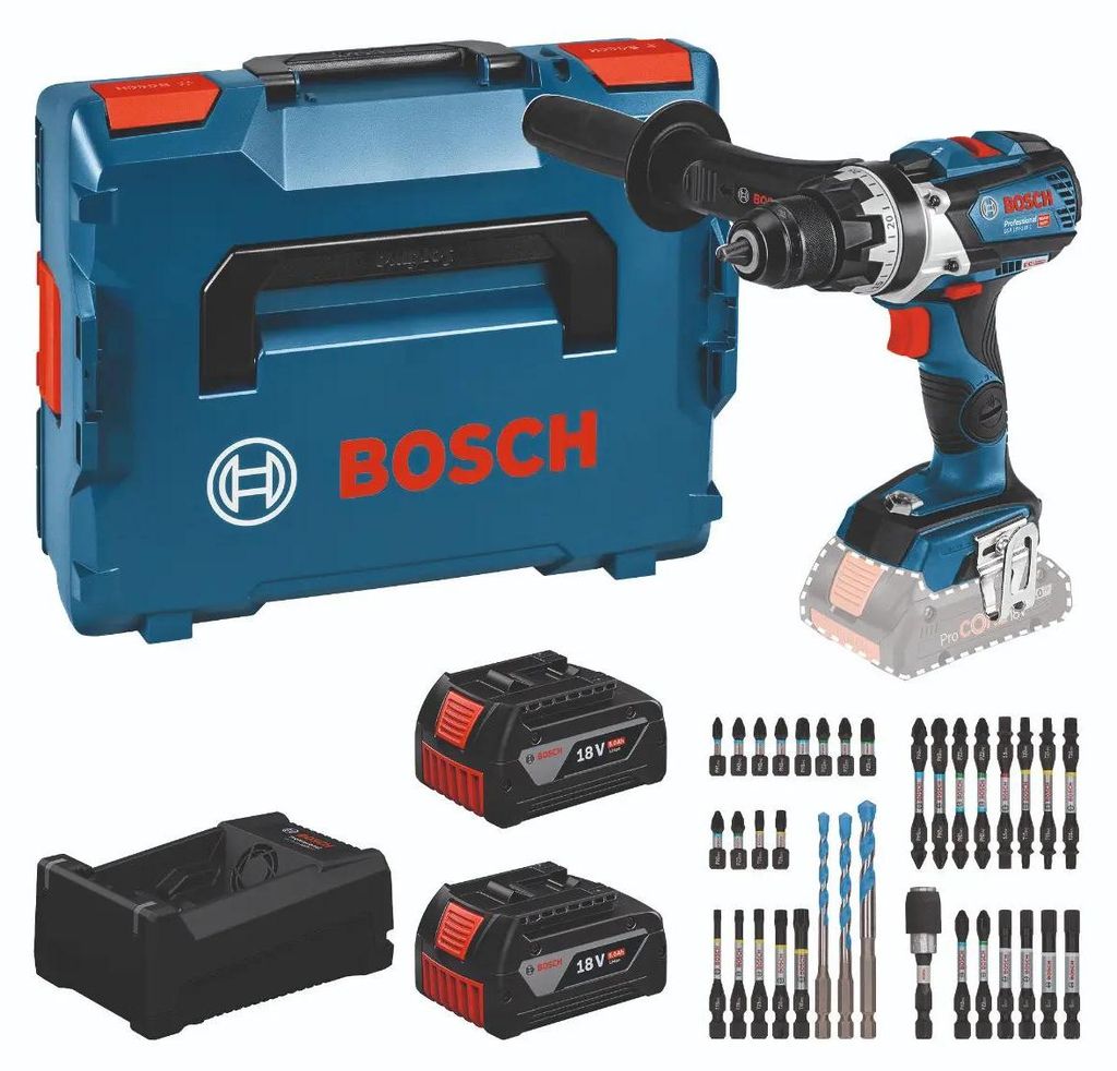 Bosch Professional Bosch Werkzeug-Set: Akku-Bohrschrauber GSR 18V-110 C + 2x GBA 5 Ah + GAL 12V/18V-80 + Bit-Set in L-BOXX