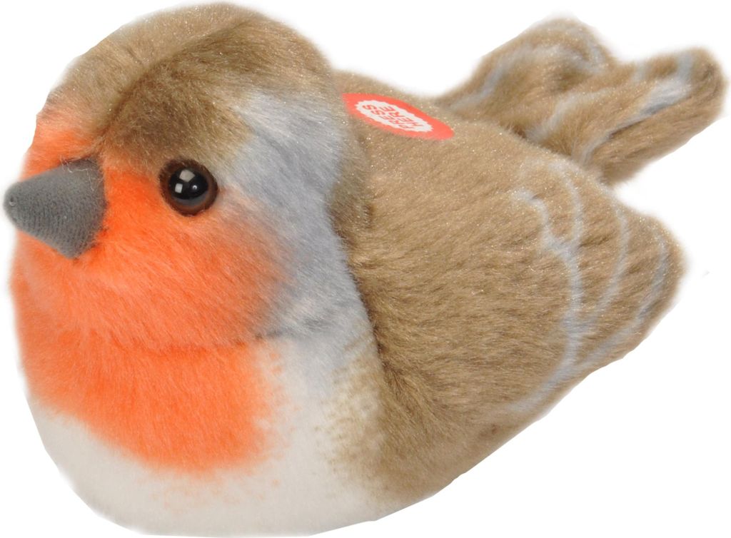 A plush toy robin bird on a white background.