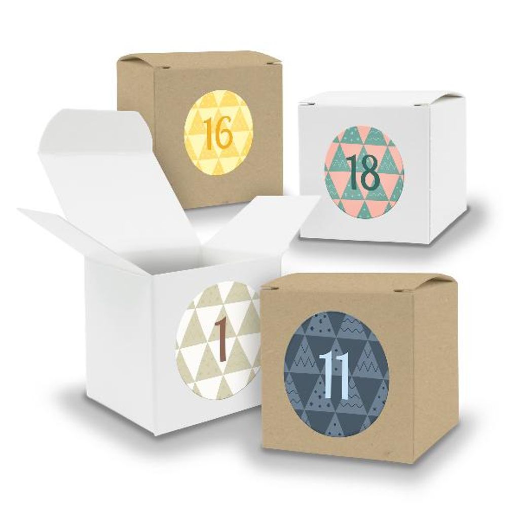 Adventskalender zum Füllen 24x Würfel 6,5cm gemischt WEISS BRAUN + Sticker V06 Z24