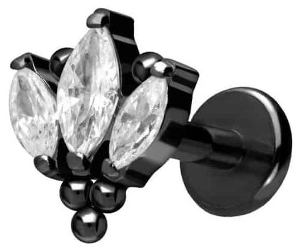 Ohrpiercing, Nasenpiercing Titan Labret mit Push Fit LOTUSBLÜTE + KUGELN Schwarz Stablänge: 5mm | Stabstärke: 1,2mm