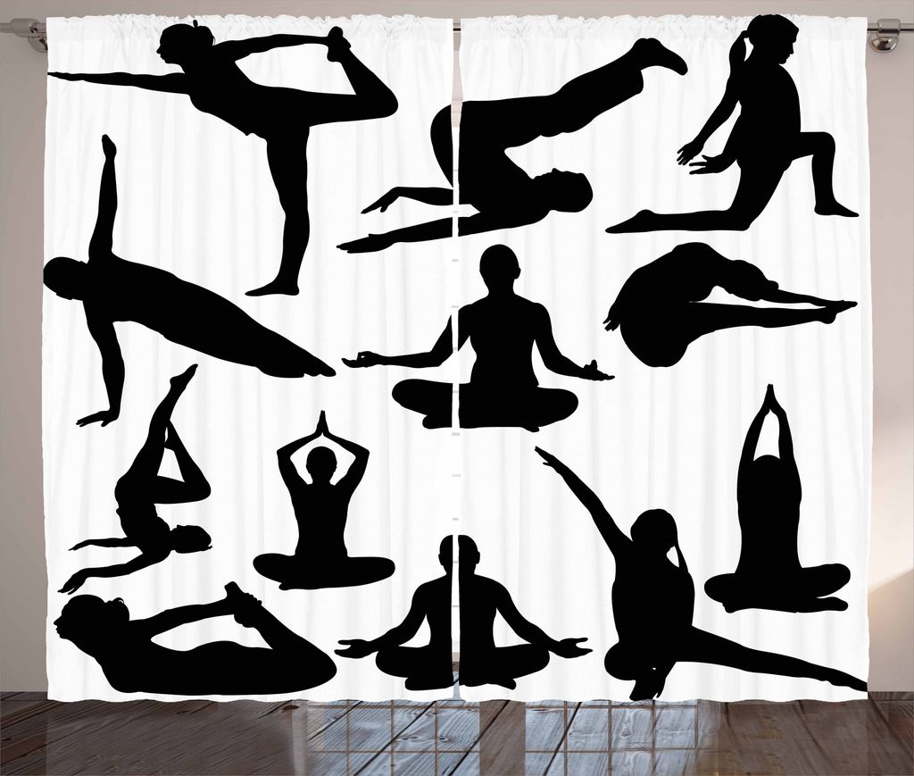 ABAKUHAUS Meditation Rustikaler Vorhang, Yoga-Übungen Körper, Wohnzimmer Universalband Gardinen mit Schlaufen und Haken, 280 x 175 cm, Weiß Schwarz