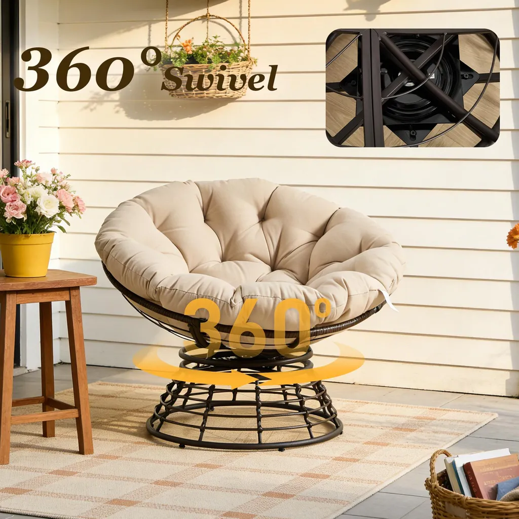Fauteuil de Lecture Pivotant 360° Design Beige avec Structure Métallique - 2