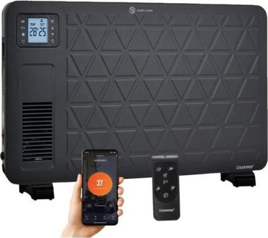 A black electric heater is shown with a smartphone and a remote control in front of it. The smartphone displays a heating app interface.