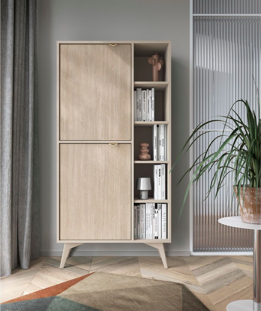 2-türig Bücherregal Fjord Hochschrank mit dekorativen Türen Kombischrank im skandinavischen Stil Beige Regalschrank, Farbe: Beige, Sandbeige