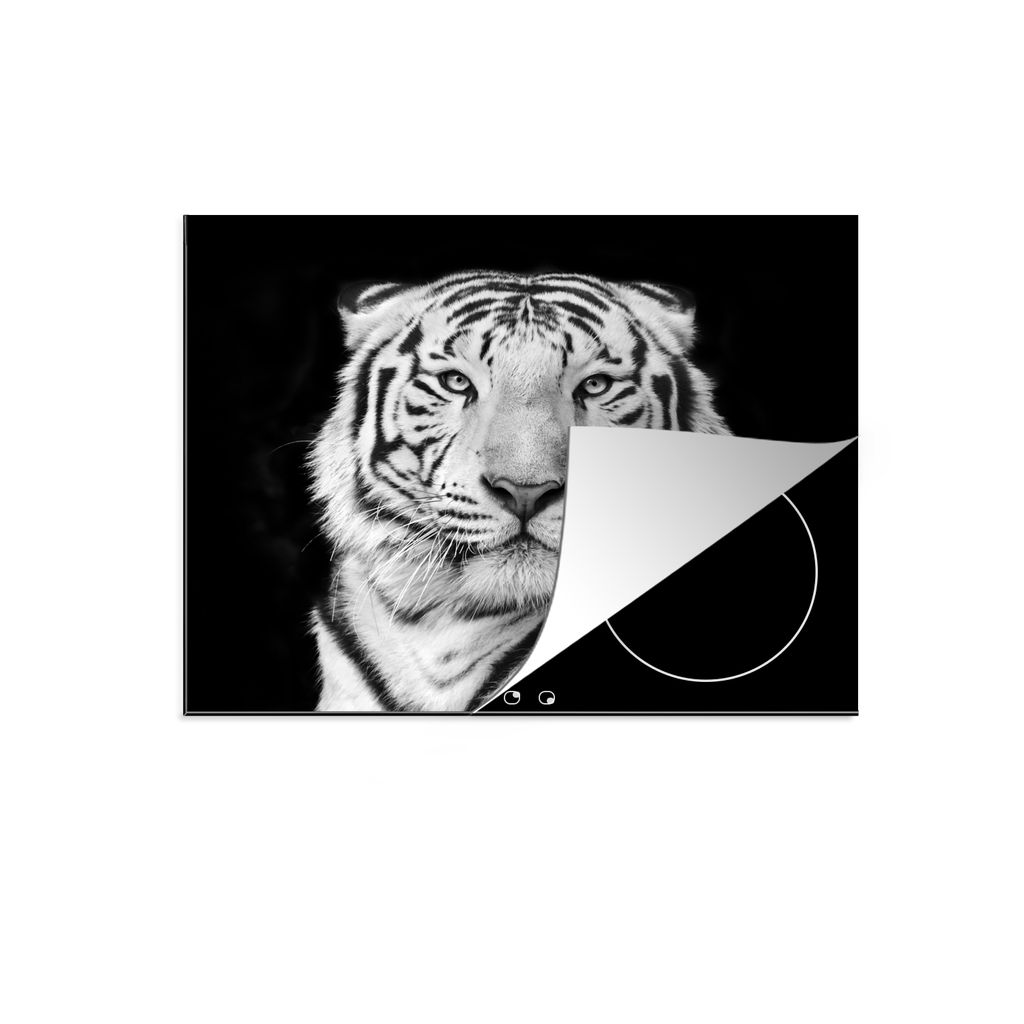KitchenYeah Herdabdeckplatte Tiger - Schwarz - Weiß - Porträt - Tiere , 60x52cm, Küche Deko, Glaskeramikkochfeld Herdabdeckung, Abdeckplatte f...