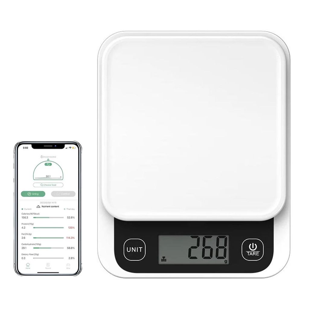 Bluetooth Küchenwaage, digitale Lebensmittelwaage mit Nährwertrechner, LCD-Display, 0,1 g Präzision, 5 kg Kapazität, App-kompatibel, Kalorien-T...