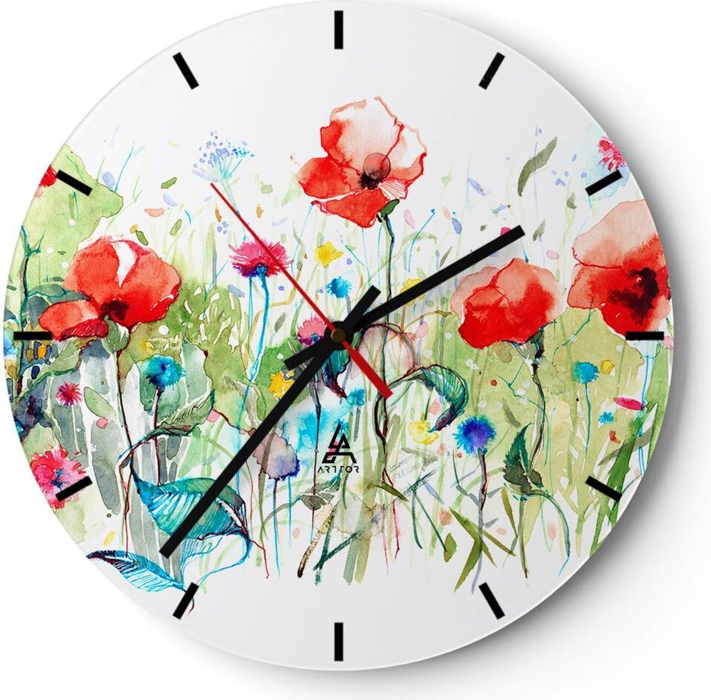 Wanduhr - Rund - Glasuhr - Blumen Wiese Blatt Natur - 30x30cm - Schleichendes Uhrwerk - Lautlos - zum Aufhängen bereit - Dekoration Modern - Wandd...