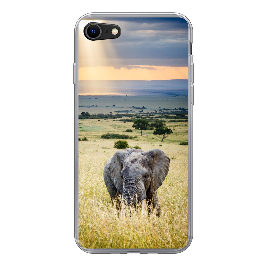 MuchoWow Handyhülle Schutzhülle Hülle für iPhone 7 Elefant - Tiere - Landschaft - Sonne - Natur Silikon Softcase Handy Hülle - Kartenhalter