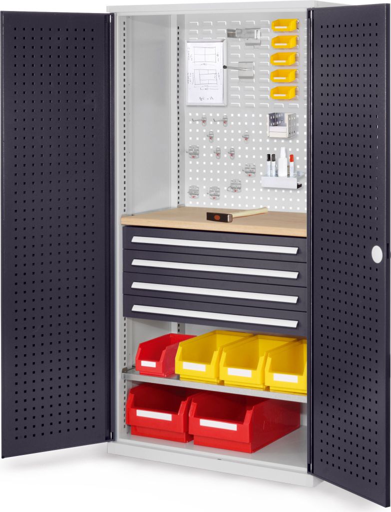 Werkzeugschrank, Türen mit Lochplatten, 1 Werkbankplatte, 4 Schubl., 1 Fachb., BxTxH 1000x600x1950 mm, RAL 7016