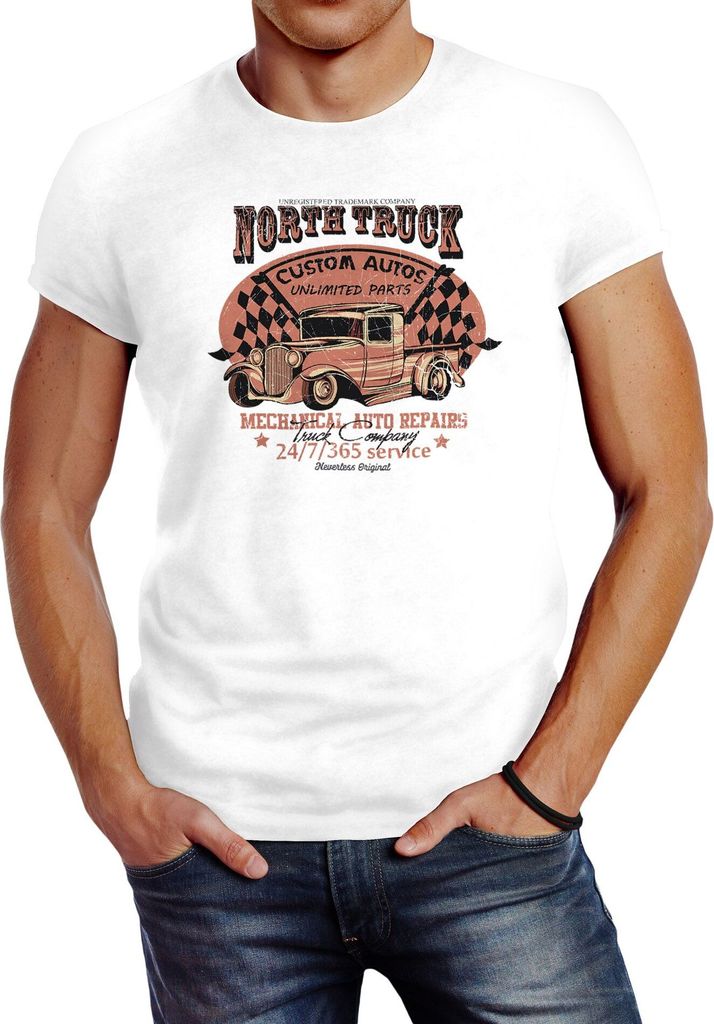 Herren T-Shirt Hot Rod Big Block Car Tuning V8 Vintage Truck Print Slim Fit Neverless weiß 3XL
